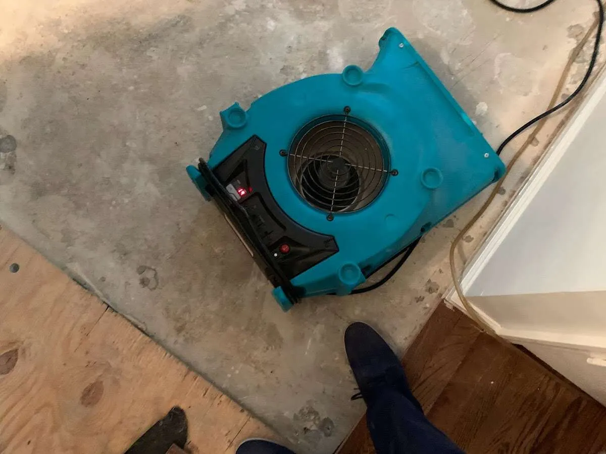 Air mover drying subfloor during Leak Detection & Repair in Exeter